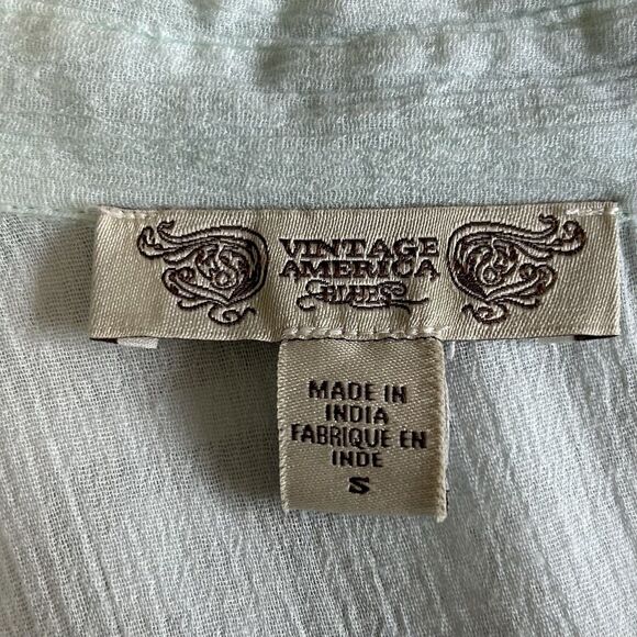 Vintage America Blouse Women S Mint Green Crinkle Pleat Lace Roll Tab Button Up - Picture 3 of 12